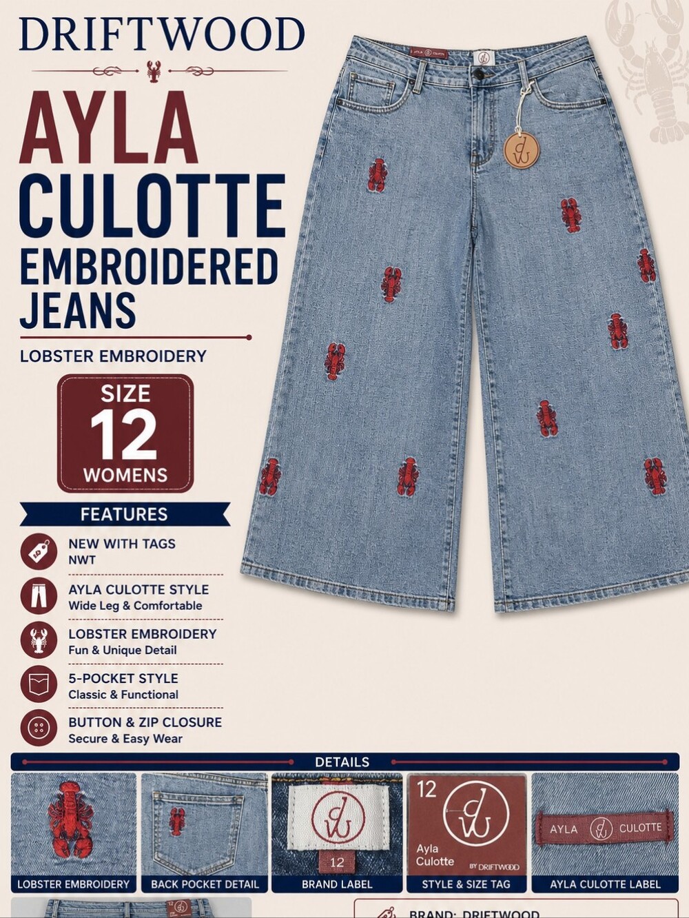 Driftwood Ayla Culotte Light blue wide-leg denim with lobster  embroidered Motif